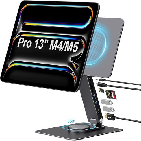iPad Pro Magnetic Stand Hub for iPad Pro 13 inch (M4) 2024, Foldable Stand Dock Holder for iPad Pro M4 with 360° Rotation, 4K HDMI, Card Readers, USB3.0 5Gbps, 100W PD, 3.5mm Audio in Kuwait