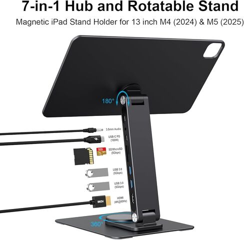 iPad Pro Magnetic Stand Hub for iPad Pro 13 inch (M4) 2024, Foldable Stand Dock Holder for iPad Pro M4 with 360° Rotation, 4K HDMI, Card Readers, USB3.0 5Gbps, 100W PD, 3.5mm Audio in Kuwait