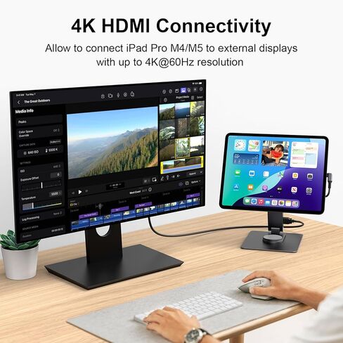 iPad Pro Magnetic Stand Hub for iPad Pro 13 inch (M4) 2024, Foldable Stand Dock Holder for iPad Pro M4 with 360° Rotation, 4K HDMI, Card Readers, USB3.0 5Gbps, 100W PD, 3.5mm Audio in Kuwait