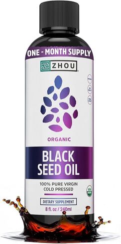 Zhou Organic Black Seed Oil - Black Cumin Seed Oil Cold Pressed, Nigella Sativa, Pure Unrefined Blackseed Liquid, Premium Supplement for Health with Thymoquinone, Omega 3 6 9 - 8 Fl Oz (Pack of 1) in Kuwait