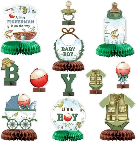 ANGOLIO 12 Pcs Fishing Baby Shower Party Supplies Fishing Honeycomb Centerpieces A little Fisherman is on The Way Honeycomb Party Decorations Summer 3D Fishing Table Decor for Gender Reveal Party in Kuwait