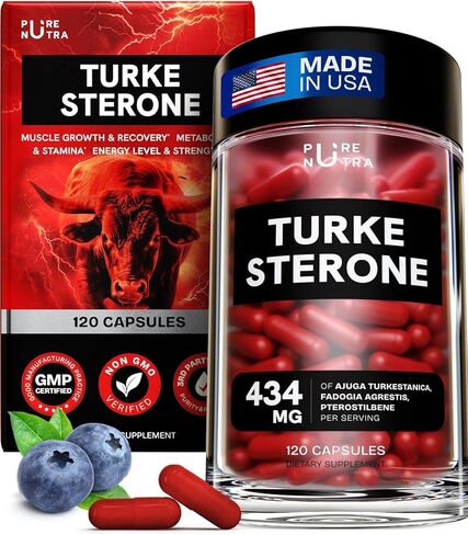 Turkesterone Supplement for Men - Organic Turkesterone Supplement for Muscle Growth with Fadogia Agrestis for Men, Pterostilbene | Complexed Turkesterone Powder | 120 Turkestrone Vegan Capsules in Kuwait