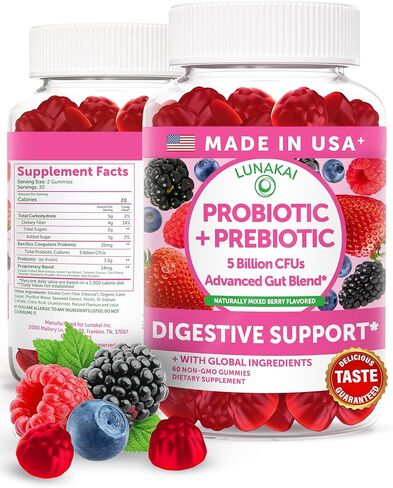 Lunakai USA Made Probiotic Gummies - 5 Billion CFUs, Vegan, Non-GMO, Gluten-Free - Digestive & Immune Support for Women & Men - 60 Chewable Gummies in Kuwait
