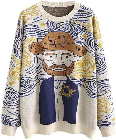 Women's Long Sleeve Crew Neck Sweatshirt Knit Pullover Casual Van Gogh Cartoon Sweater in Kuwait