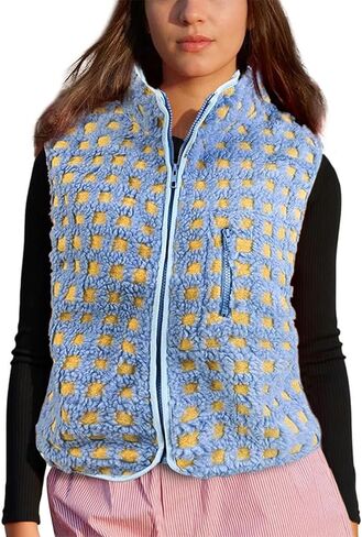 Womens Checkered Sherpa Vest Fleece Jacket Lightweight Zip Up Sleeveless Crochet Plaid Gilet with Pocket in Kuwait