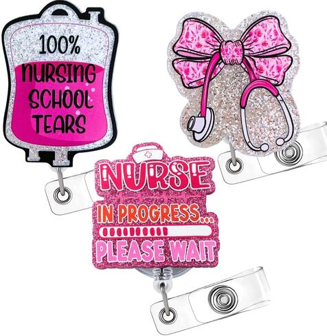 3PC Future Student Nurse Badge Reels Bundle Set Nursing School Reel Holder ID Card Name Tag Retractable Clip Pink Girly Nurses in Progress Tears Bow RN CNA MA IPN Medical Assistant Gifts Supplies in Kuwait