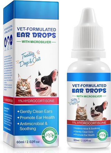 Ear Drops for Cats & Dogs-Dog Ear Infection Medication-Ear Mites Treatment-Clean Pet Earwax-Mild and Effective-Dog Yeast Soothing Cleansing with 1% Hydrocortisone-60ml-30 Cotton Swabs in Kuwait