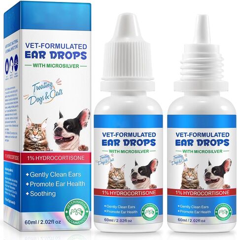 Ear Drops for Cats & Dogs-Dog Ear Infection Medication-Ear Mites Treatment-Clean Pet Earwax-Mild and Effective-Dog Yeast Soothing Cleansing with 1% Hydrocortisone-60ml-30 Cotton Swabs in Kuwait