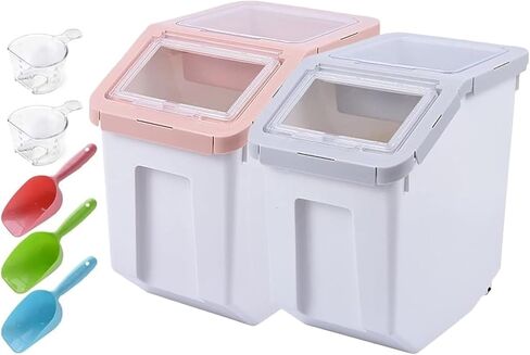 RUIAN Dog Food Storage Container with Scoop,Rice Flour Container on Wheels,Airtight Cat Birds Food Bin Grey & Pink in Saudi Arabia