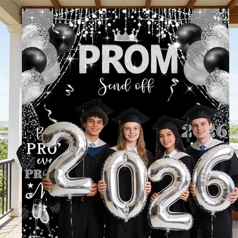 Prom 2025 Graduations Backdrop Congrats Grad Banner Black Sliver Glitter Balloons Congratulations Grad Party Decor Background for Photography Graduation Prom Party Supplies 78.7x70.8 Inch in Saudi Arabia