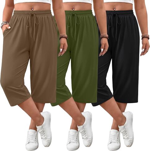 Huukeay 3 Pack Women's Plus Size Capris, Drawstring Cotton Yoga Capri Sweatpants Summer Casual Loose Cropped Pant with Pocket in Saudi Arabia