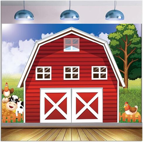 Cartoon Farm Photography Backdrop 7x5ft Animals Red Rustic Farmhouse Red Barn Photo Background for Kids Farm Birthday Party Decoration Barnyard Baby Shower Newborn Photobooth Banner in Kuwait