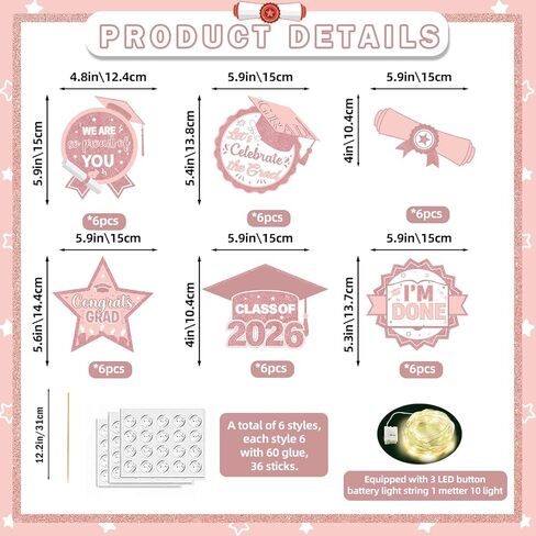 36Pcs Pink White Graduation Centerpieces for Tables 2025 with Lights Graduation Party Centerpieces Graduation Decorations Class of 2025 Graduation Table Decorations 2025 Graduation Party Decorations in Kuwait