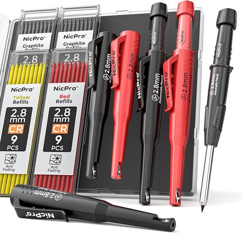 Nicpro 4 Pack CP3000 Carpenter Pencil with Sharpener, Mechanical Pencils Set with 76 Refills, Heavy Duty Construction Pencil, Carpenter Tools for Architect Marking (Red, Black, Yellow, Green) in Saudi Arabia