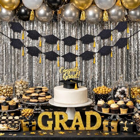 Graduation Decorations 2025 – Pre-Strung Black Graduation Cap Banner with Gold Grad Tassel, Glitter Double-Sided Class of 2025 Banner Congrats Grad Party Décor, 9.6FT in Kuwait