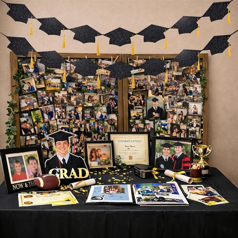 Graduation Decorations 2025 – Pre-Strung Black Graduation Cap Banner with Gold Grad Tassel, Glitter Double-Sided Class of 2025 Banner Congrats Grad Party Décor, 9.6FT in Kuwait