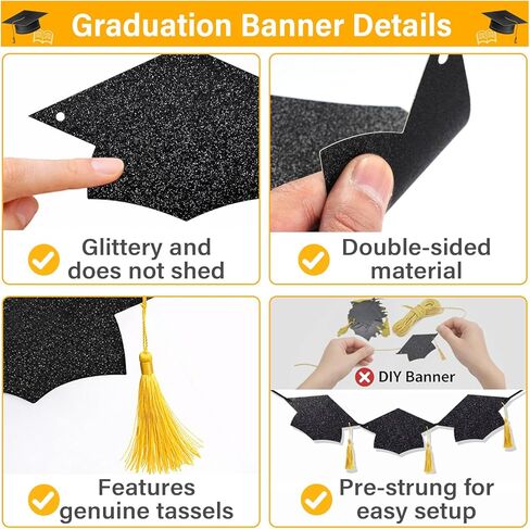 Graduation Decorations 2025 – Pre-Strung Black Graduation Cap Banner with Gold Grad Tassel, Glitter Double-Sided Class of 2025 Banner Congrats Grad Party Décor, 9.6FT in Kuwait