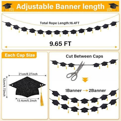 Graduation Decorations 2025 – Pre-Strung Black Graduation Cap Banner with Gold Grad Tassel, Glitter Double-Sided Class of 2025 Banner Congrats Grad Party Décor, 9.6FT in Kuwait