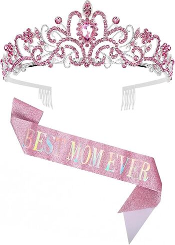 Mother's Day Sash and Crown Set - Best Mom Ever Sash with Tiara, Mother's Day Gift, Birthday Queen Tiara for Women, Mom Party Decorations, Elegant Crown Set in Saudi Arabia