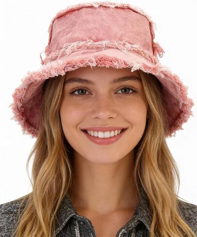 Frayed Bucket Hat Unisex Trendy Washed Denim Bucket Cap Distressed Jean Fisherman Cap Travel Floppy Boonie Sun Hats in Kuwait