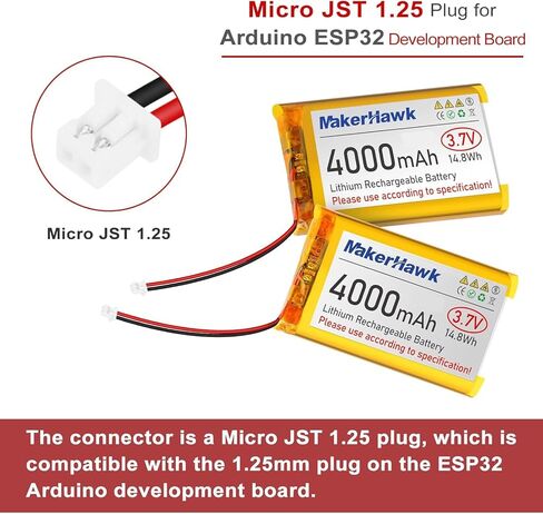 بطارية ليبو 3.7 فولت 4000 مللي أمبير في الساعة من MakerHawk قابلة لإعادة الشحن 1S 3C بطارية ليثيوم بوليمر مع شريط مطاطي معزول ولوحة حماية، قابس Micro JST 1.25 للوحة تطوير Arduino ESP32 (4 عبوات) in Kuwait