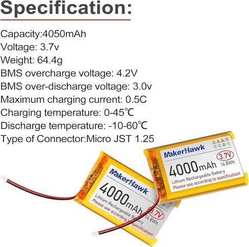 بطارية ليبو 3.7 فولت 4000 مللي أمبير في الساعة من MakerHawk قابلة لإعادة الشحن 1S 3C بطارية ليثيوم بوليمر مع شريط مطاطي معزول ولوحة حماية، قابس Micro JST 1.25 للوحة تطوير Arduino ESP32 (4 عبوات) in Kuwait