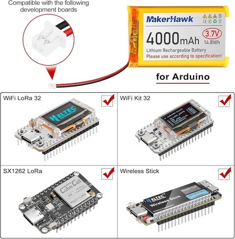 بطارية ليبو 3.7 فولت 4000 مللي أمبير في الساعة من MakerHawk قابلة لإعادة الشحن 1S 3C بطارية ليثيوم بوليمر مع شريط مطاطي معزول ولوحة حماية، قابس Micro JST 1.25 للوحة تطوير Arduino ESP32 (4 عبوات) in Kuwait