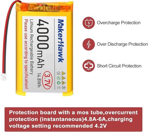 بطارية ليبو 3.7 فولت 4000 مللي أمبير في الساعة من MakerHawk قابلة لإعادة الشحن 1S 3C بطارية ليثيوم بوليمر مع شريط مطاطي معزول ولوحة حماية، قابس Micro JST 1.25 للوحة تطوير Arduino ESP32 (4 عبوات) in Kuwait