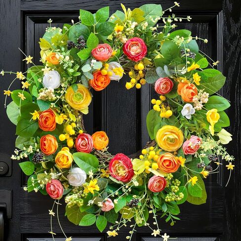 Spring Wreaths for Front Door, Soomeir Summer Peony Outdoor Wreath, Green Floral Door Decor for All Season Home Wall Wedding Farmhouse Holiday (Colorful Peony) in Kuwait
