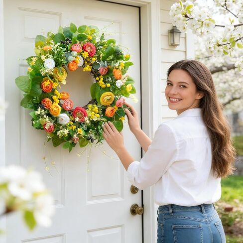 Spring Wreaths for Front Door, Soomeir Summer Peony Outdoor Wreath, Green Floral Door Decor for All Season Home Wall Wedding Farmhouse Holiday (Colorful Peony) in Kuwait