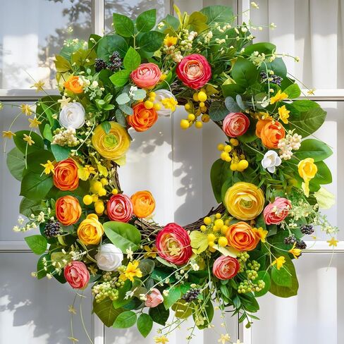 Spring Wreaths for Front Door, Soomeir Summer Peony Outdoor Wreath, Green Floral Door Decor for All Season Home Wall Wedding Farmhouse Holiday (Colorful Peony) in Kuwait