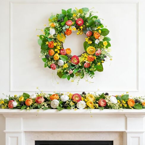 Spring Wreaths for Front Door, Soomeir Summer Peony Outdoor Wreath, Green Floral Door Decor for All Season Home Wall Wedding Farmhouse Holiday (Colorful Peony) in Kuwait