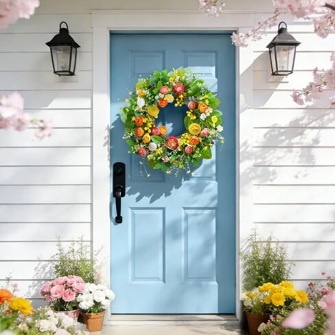 Spring Wreaths for Front Door, Soomeir Summer Peony Outdoor Wreath, Green Floral Door Decor for All Season Home Wall Wedding Farmhouse Holiday (Colorful Peony) in Kuwait