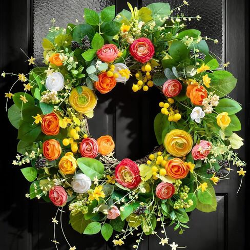 Spring Wreaths for Front Door, Soomeir Summer Peony Outdoor Wreath, Green Floral Door Decor for All Season Home Wall Wedding Farmhouse Holiday (Colorful Peony) in Kuwait