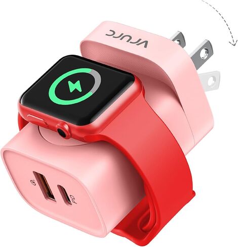 VRURC for Apple Watch Charger, PD 20W 3-in-1 Fast Charging Block with Magnetic Wireless Charging & Dual Ports, Foldable Plug USB C Wall Charger for iPhone 15 14 13,Android,Tablets etc-Pink in Kuwait