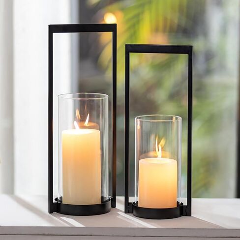 Sziqiqi Hurricane Candle Holder for Pillar: Black Modern Candle Holders for Table Centerpiece - Geometric Candle Stand Set of 2 with Glass for Living Room Fireplace Christmas Decor in Saudi Arabia