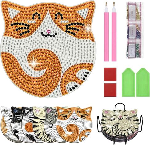 JUNIPLTER 6 PCS Cat Diamond Painting Coasters Kits with Double Tools, DIY Diamond Art Kits for Adults Kids Beginners, Cat Diamond Art Coasters Non-Slip & Heat Insulation, Perfect Holiday Gift in Kuwait