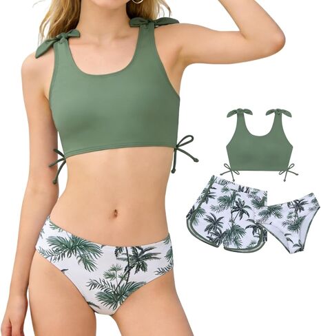 Weixinbuy Girls Swimsuit bikini مجموعة 3 قطع أطفال طباعة استوائية ملابس السباحة مع سروال شورت بدلة السباحة للشباب من 9 إلى 16 سنة in Kuwait