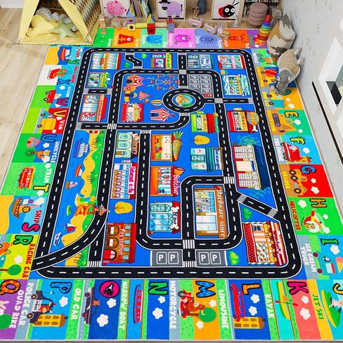 Road Traffic Kids Rug Nylon, 31.5×47IN Country City Map Car Rugs for Kids Toy Cars,Non-Slip TPR Baby Play Mats for Floor Race Track Kids Area Rugs,Kids Play Mat Road Rug for Toddler Boys Game Playroom in Kuwait