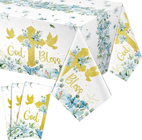 Oudain 3 Pcs First Communion Baptism Party Tablecloths Decorations Plastic Christening God Bless Table Cover for First Communion Newborn Church Supplies, 54 x 108 Inch (Pink) in Kuwait