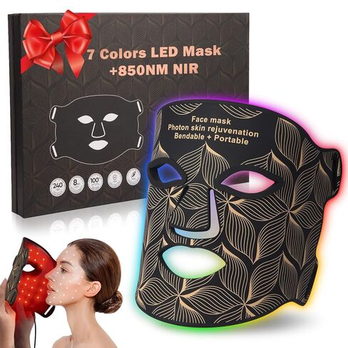 Red Light Therapy for Face, 7＋1 Colors LED Face Mask Light Therapy with 850NM Near-infrared, Portable Rechargeable Red Light Therapy Mask Skin Care Device at Home and Travel for Anti-Aging, Black in Kuwait