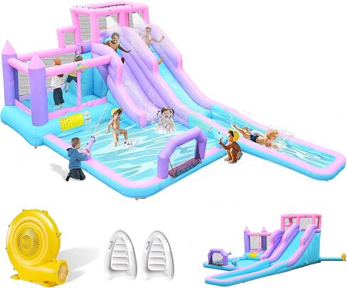 Inflatable Water Slide Bouncy House with Double Slide Water Park with Splash Pool, Climbing Wall, Target Game,Water Gun for Outdoor or Indoor Aged 3-10 Kids and Bouncer with 520W Blower in Kuwait