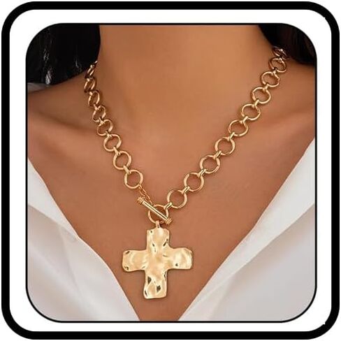 Atiptu Gold Chunky Cross Necklace for Women Statement Cross Pendant Necklace Layered Hammered Bold Cross Necklace Vintage Toggle Clasp Necklace Jewelry in Kuwait