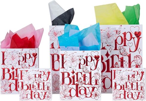 Suosicn 4 Pack Purple Flower Paper Gift With Bandles ، وأكياس هدايا عيد ميلاد للنساء احتفالات استحمام الطفل عيد ميلاد وأي مناسبات in Saudi Arabia