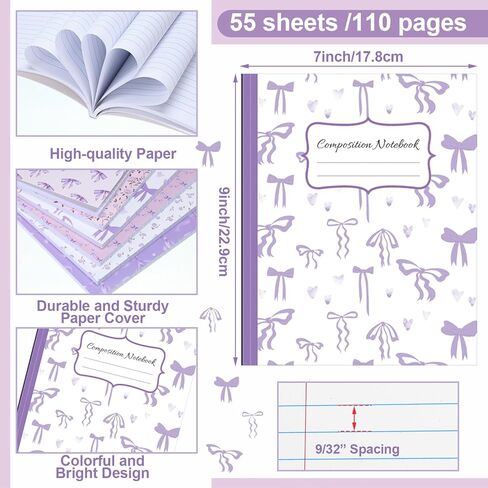 6 Pcs Bow Composition Notebooks Coquette Preppy Journal College Ruled Notebook Gift 110 Pages 9-3/4 x 7-1/2" Composition Notebooks for Mother's Day College Classroom Teacher Supplies(Pink,7" X 9") in Kuwait
