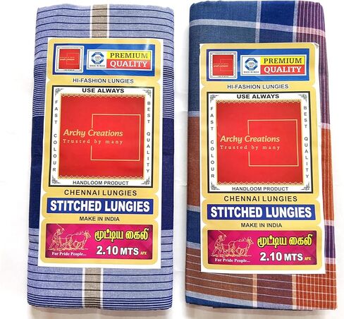 Lungi القطن الممتاز ، Handloom Chennai التقليدية ، 2.10 متر ، خطوط زرقاء وأرجواني ، حزمة 2 in Kuwait