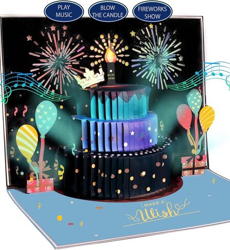 3D يطفو على تشغيل بطاقات عيد ميلاد سعيدة للرجال - الألعاب النارية والموسيقى مع Blow the Candle و Gold Crown و 3D Balloons و Blue Design - بطاقة عيد ميلاد سعيد له - أبي ، زوج ، أولاد وابنه (8.27 "× 5.27") in Kuwait
