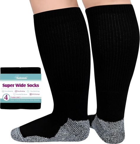 Bulinlulu Extra Width Socks for Swollen Feet-4 Pairs Bariatric Hospital Socks,Lymphedema Diabetic Socks for Women Men 13-15 in Kuwait