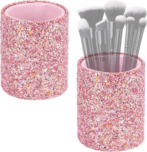 Pink Glitter Makeup Brush Holder, Cute Cups for Makeup Brushes, Storage Box Container Vanity Decor Accessories for Storage Makeup Brush, Eyebrow Pencil, Eyeliner (2Pcs Pink) in Kuwait