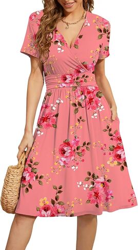 WEACZZY Women's Summer Short Sleeve Casual Dresses V-Neck Floral Party Dress with Pockets in Kuwait